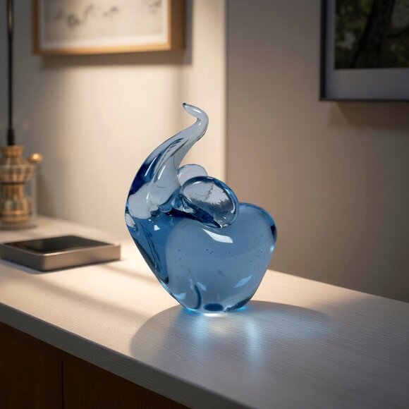 Vintage Blue Elephant Art Glass Paperweight | Hand Blown Trunk Up Figurine - Picture 1 of 8